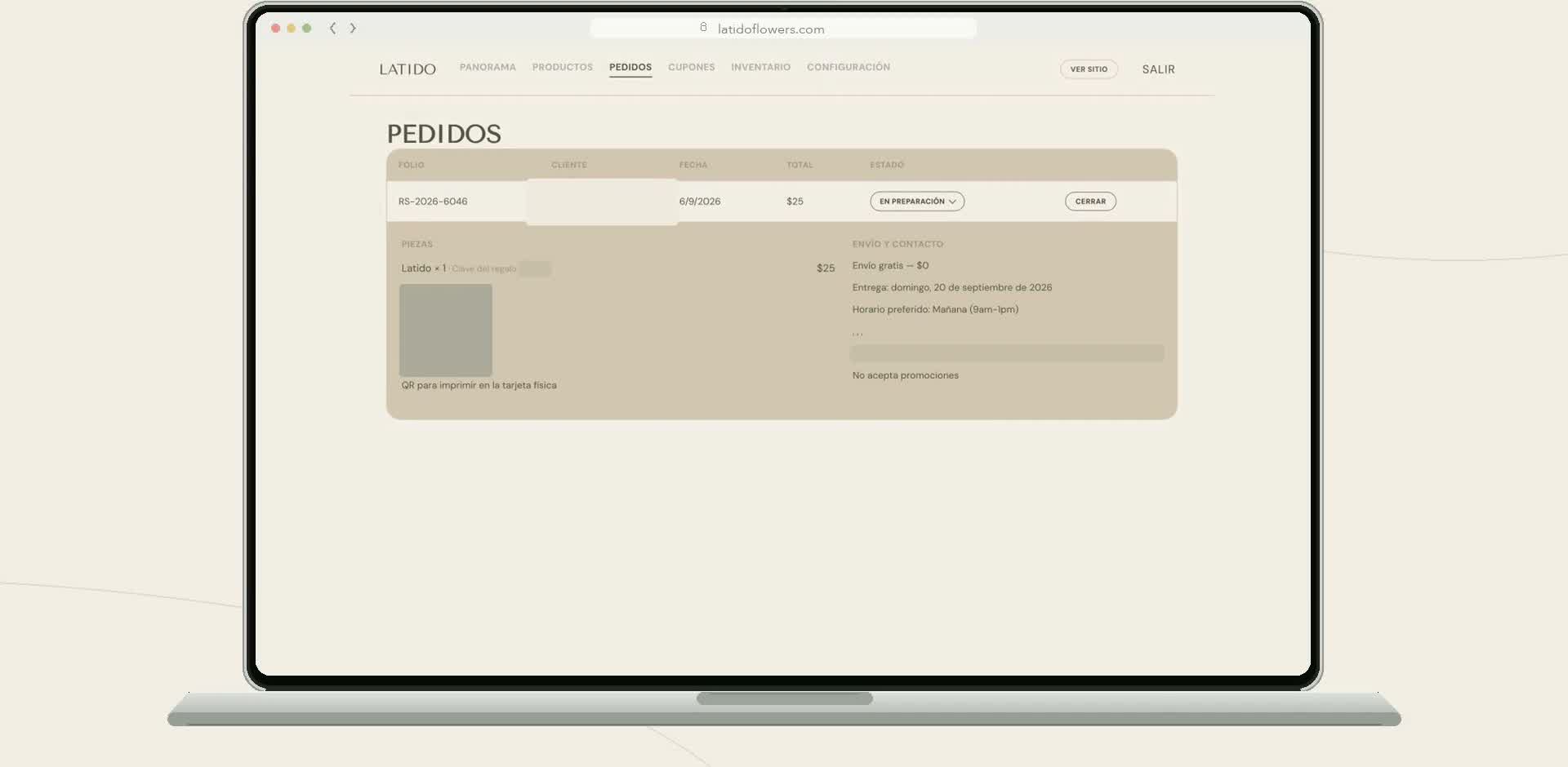 Panel administrativo de LATIDO Flowers con el código QR de un pedido