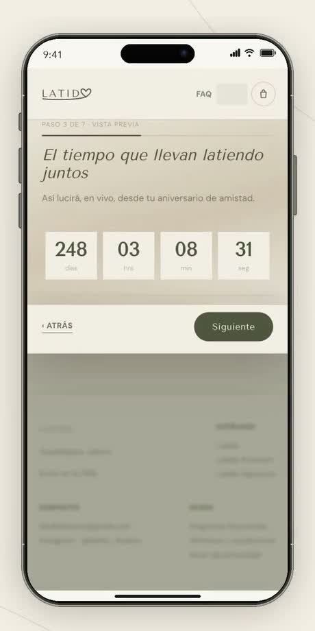 Vista previa en vivo con cronómetro en el asistente de personalización de LATIDO Flowers
